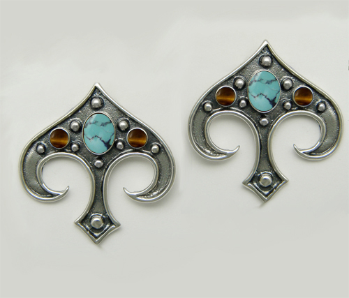 Sterling Silver Gothic Inspired Drop Dangle Earrings With Chinese Turquoise And Tiger Eye